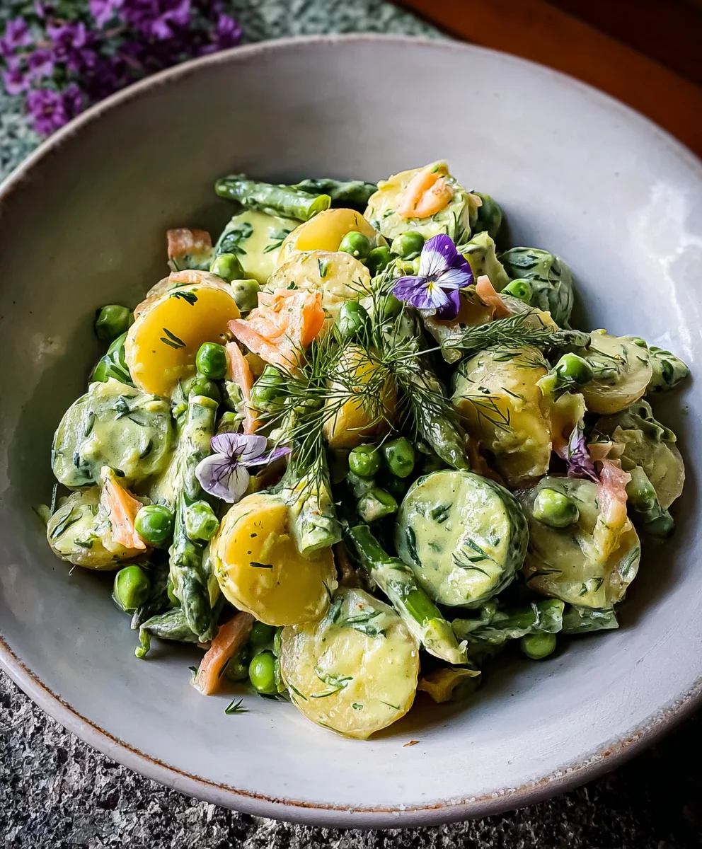 Leckerer Vegetarischer Frühlingskartoffelsalat mit Gemüse