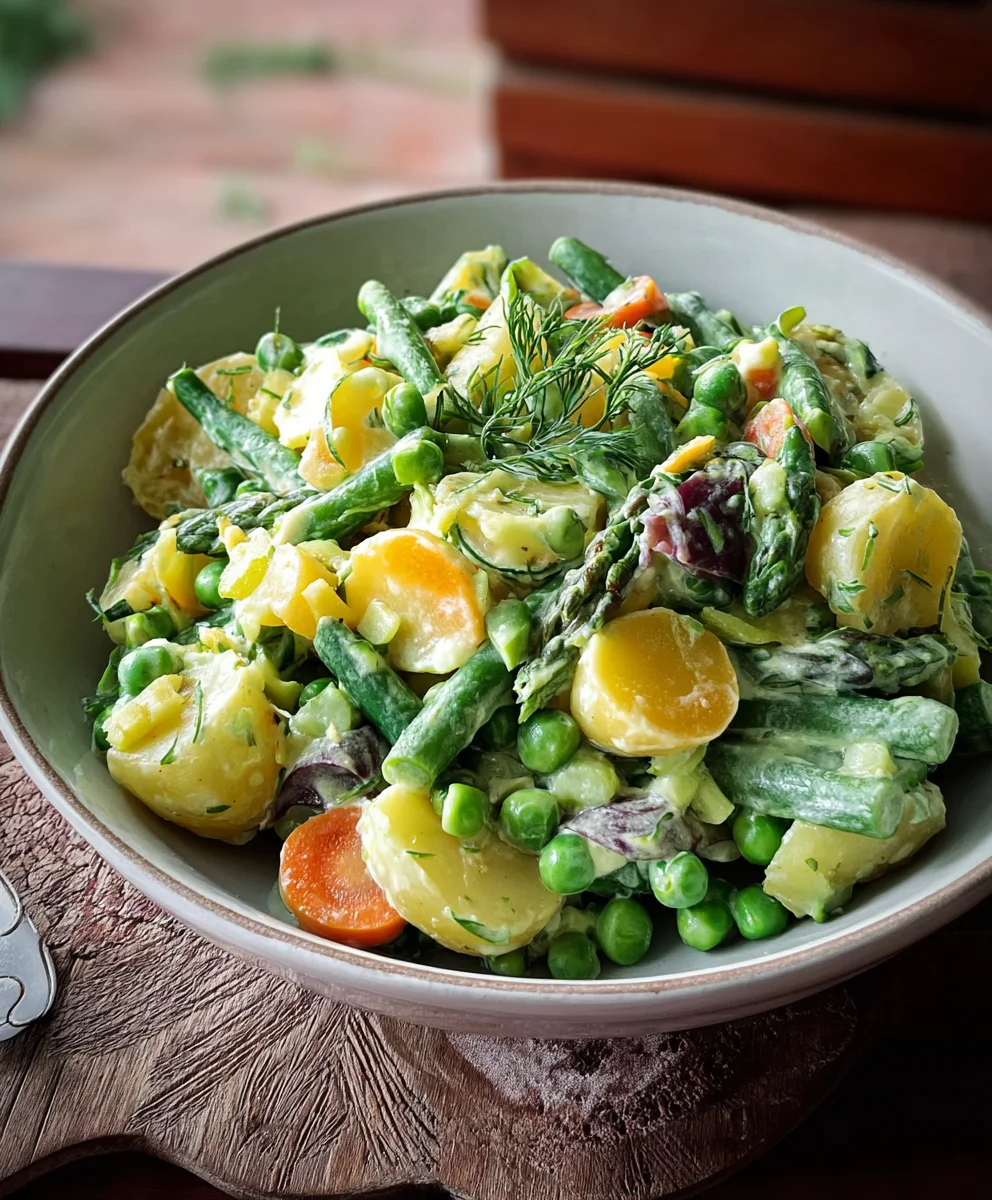 Leckerer Vegetarischer Frühlingskartoffelsalat mit Gemüse
