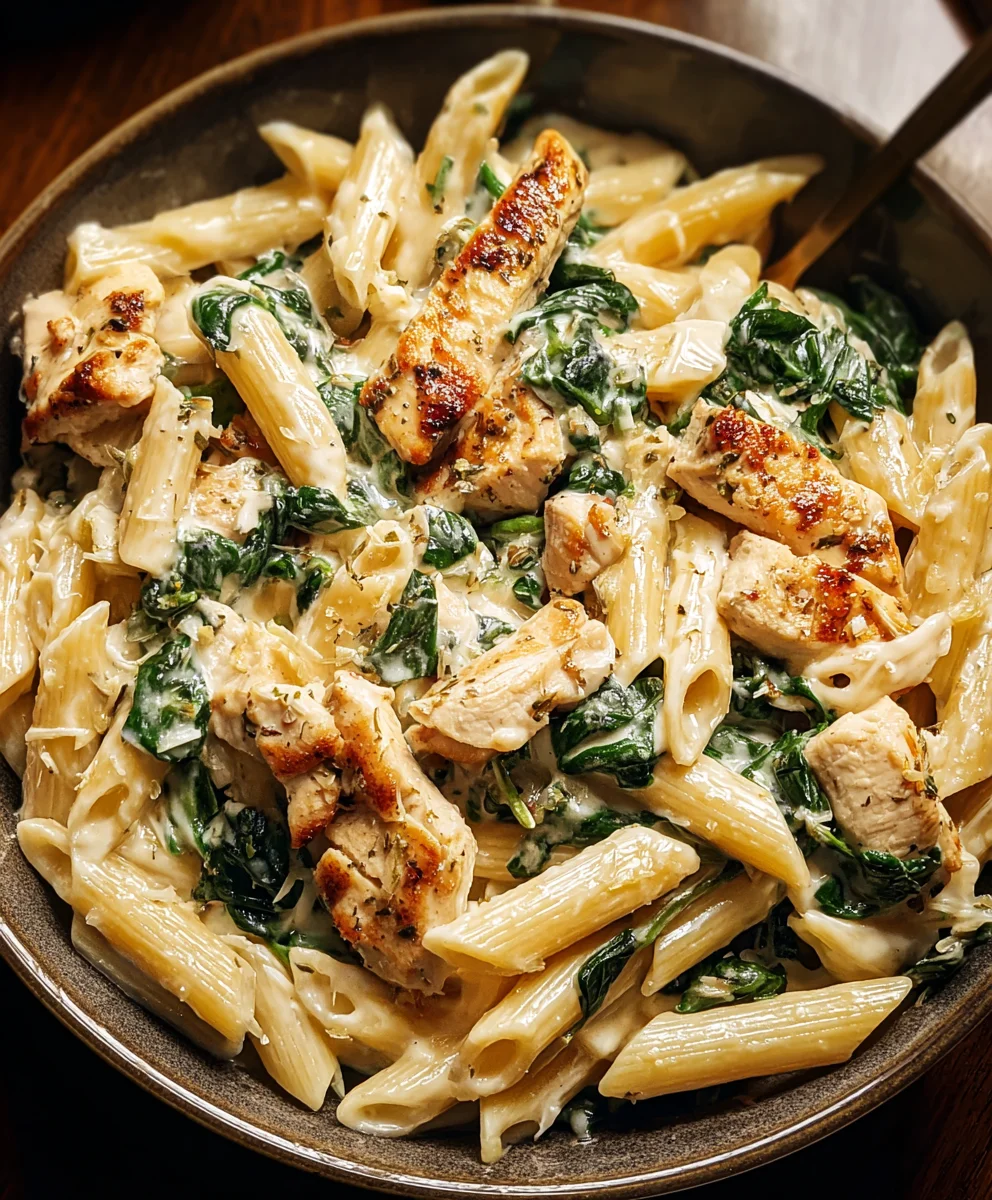 Cremige Spinat-Hähnchen-Pasta mit Frischkäse