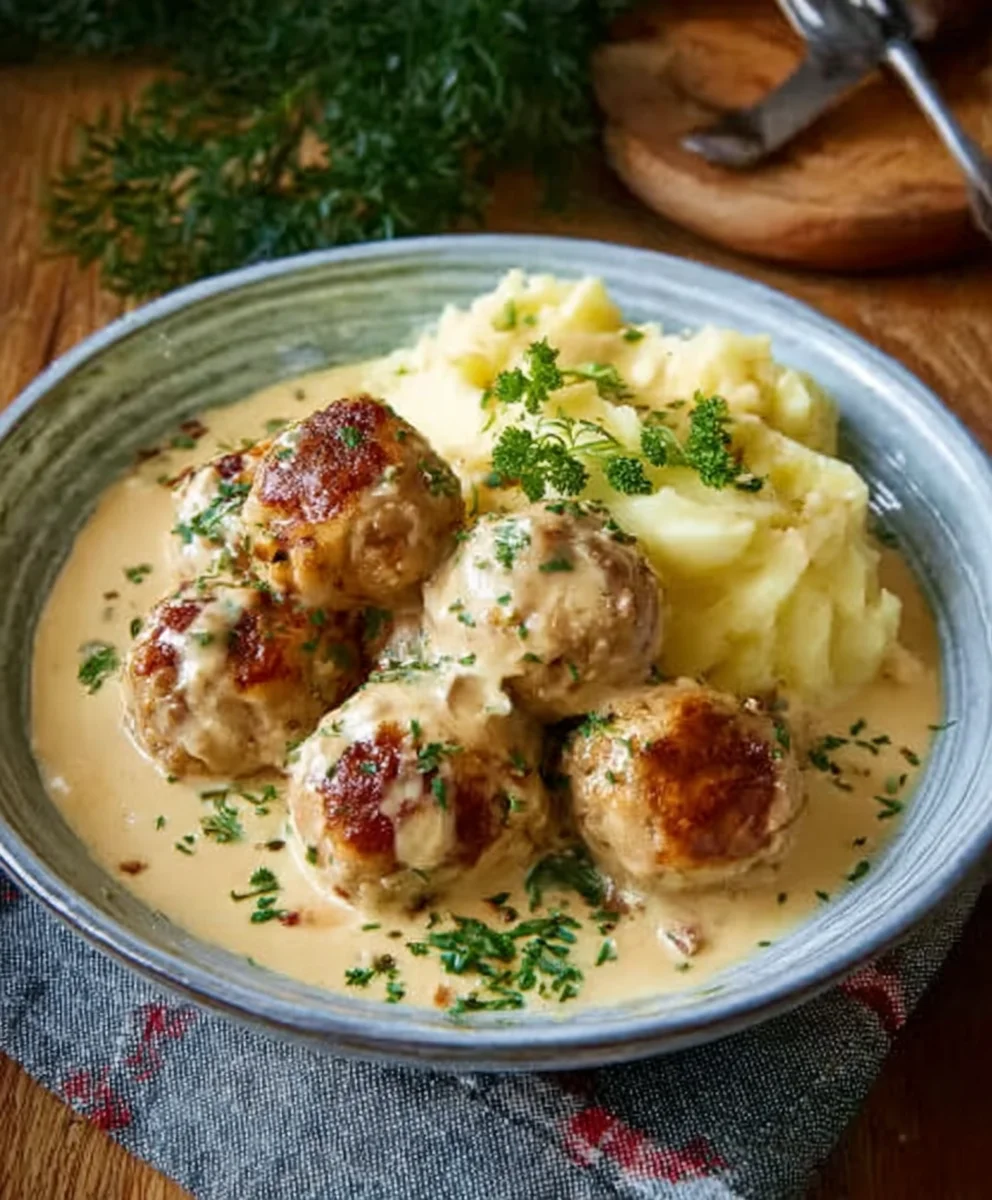 Herzhafte Rinderhackbällchen: Cremige Sauce & Kartoffelpüree