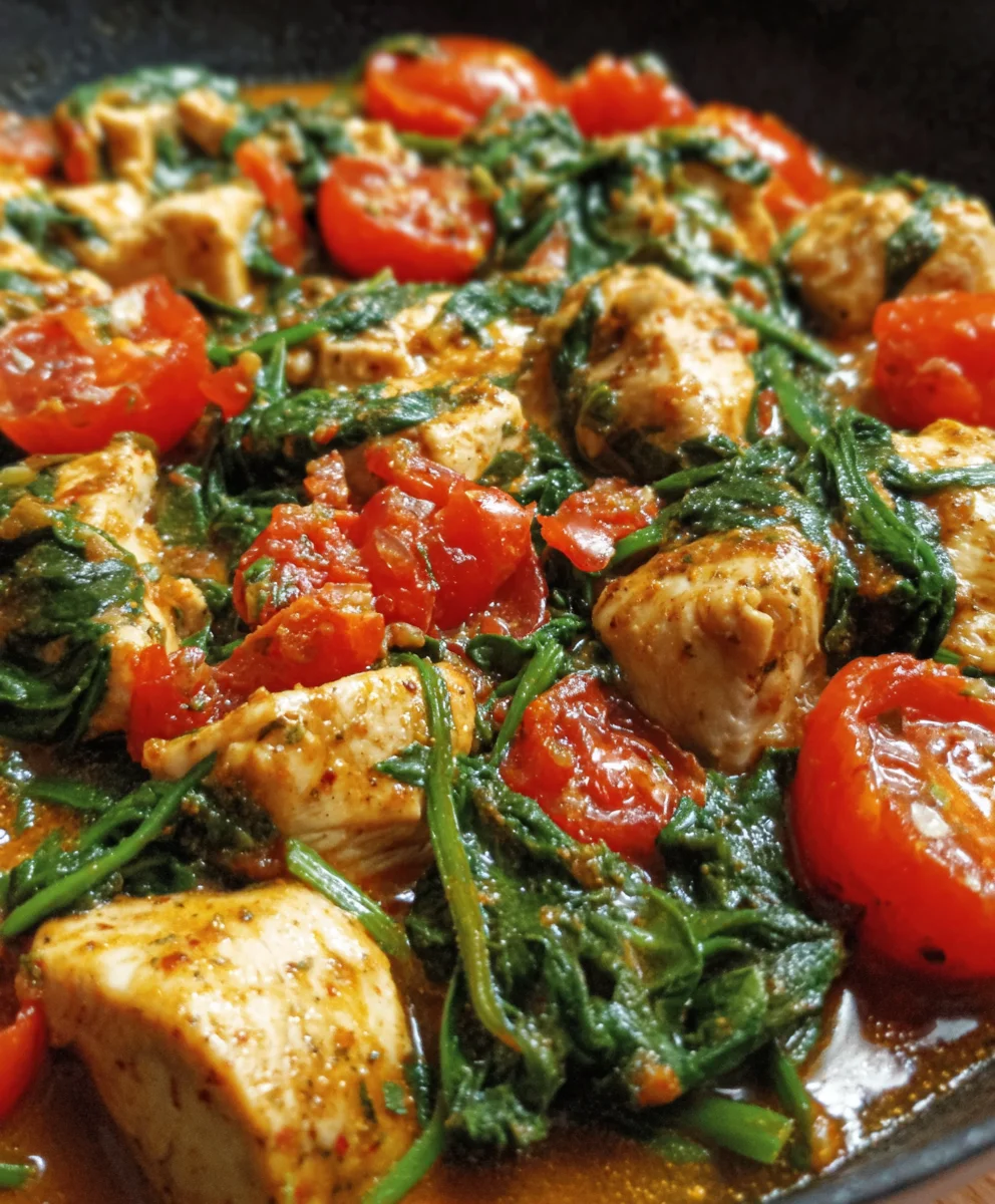 Schnelle Keto Hähnchen-Spinat-Tomaten-Pfanne