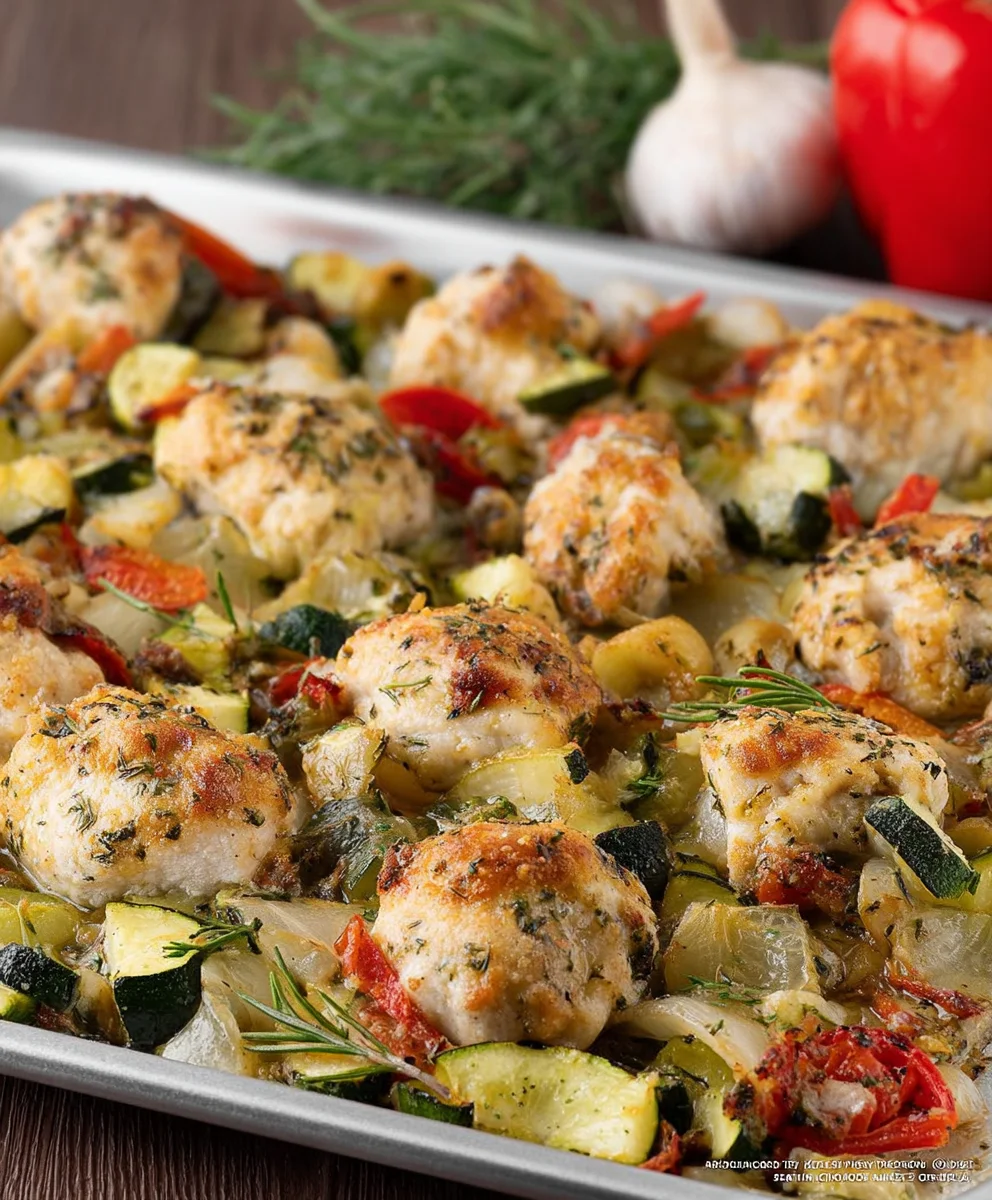 Sandige Hähnchen-Bites mit gratiniertem Gemüse