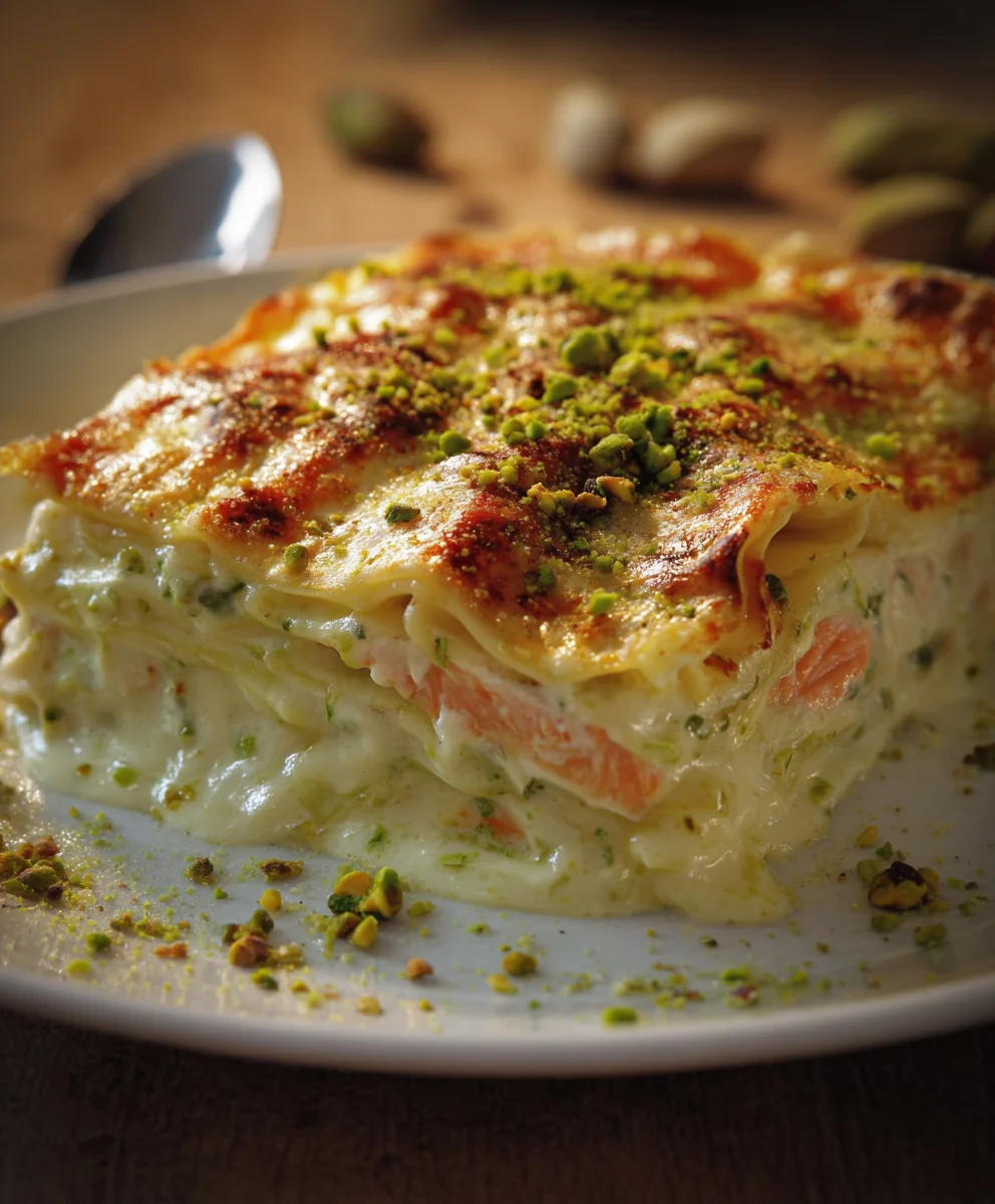 Lachs Lasagne mit Pistazien & Bécbeef hamelsauce