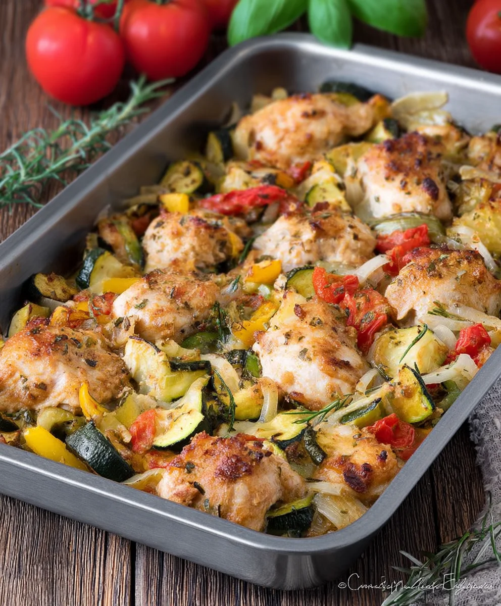 Sandige Hähnchen-Bites mit gratiniertem Gemüse