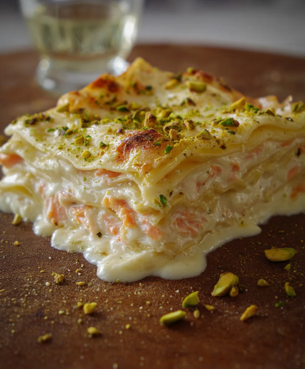 Lachs Lasagne mit Pistazien & Bécbeef hamelsauce