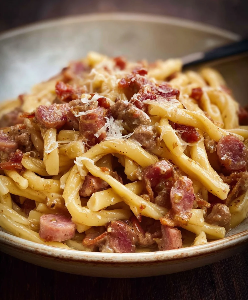 Caserecce mit Rinderwurst, Speck & Cacio