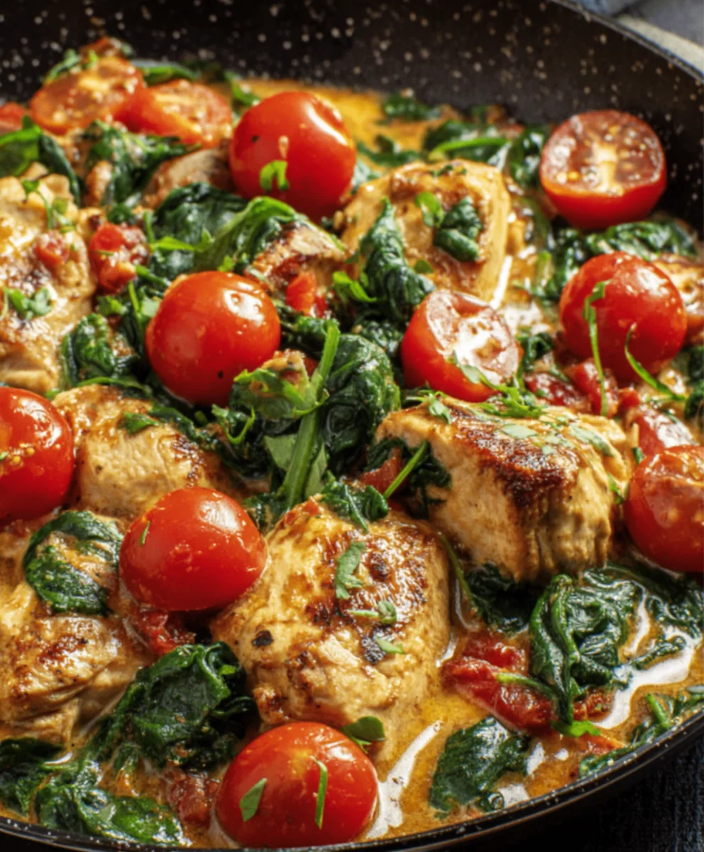 Schnelle Keto Hähnchen-Spinat-Tomaten-Pfanne