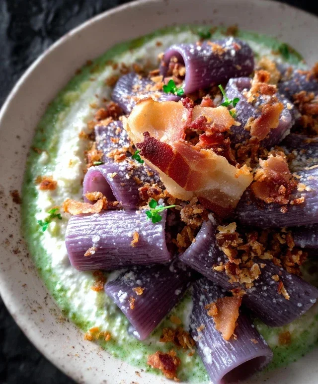 Mezze maniche con cavolo cappuccio viola, crema di pecorino e speck croccante