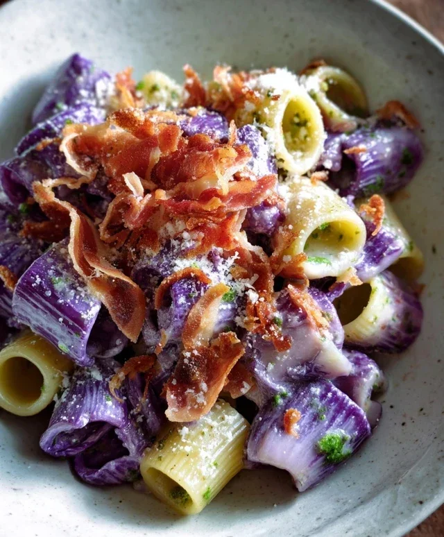 Mezze maniche con cavolo cappuccio viola, crema di pecorino e speck croccante